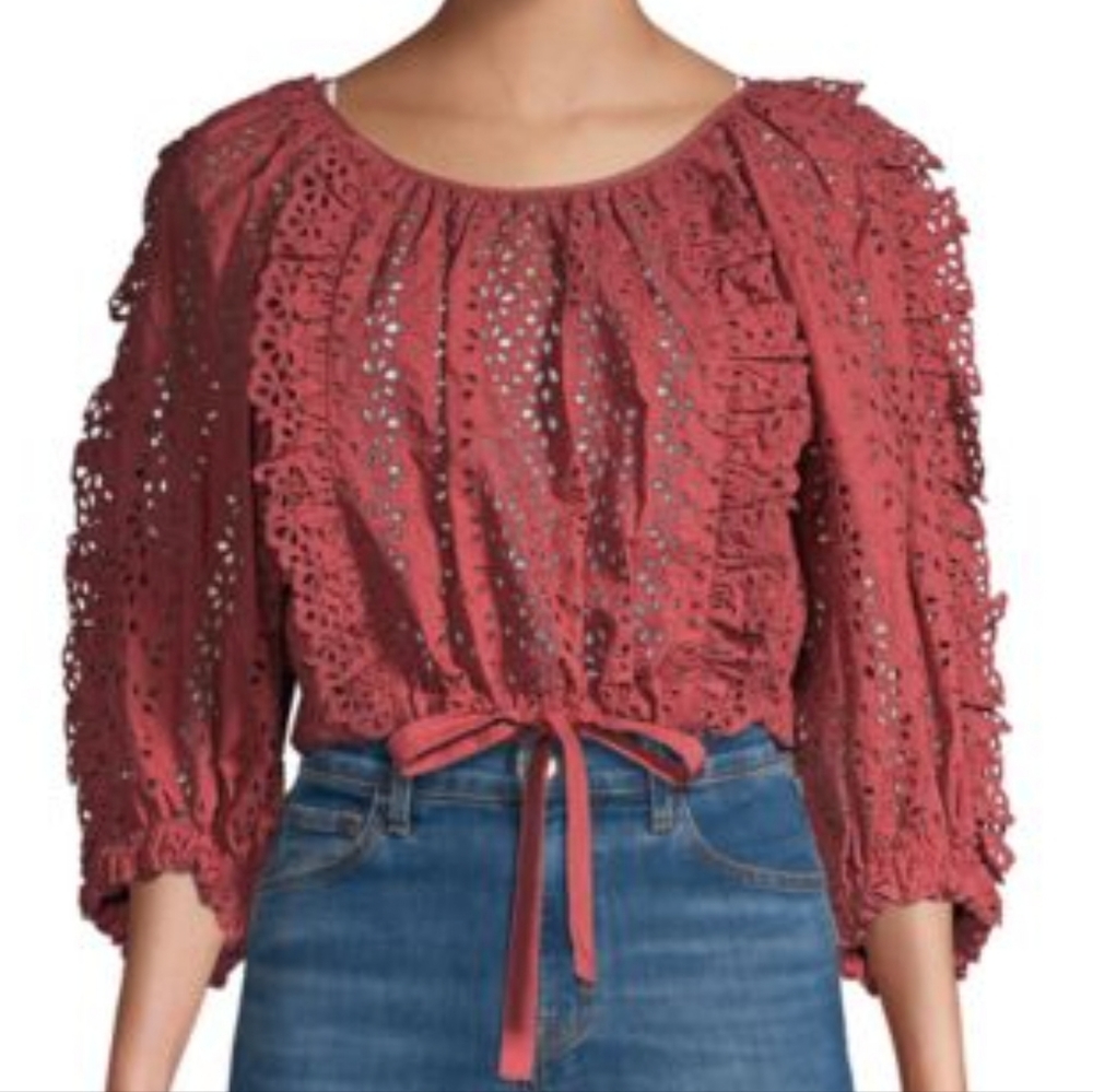 Rebecca Taylor Karina Eyelet Ruffle Top Mauve Pink Size Medium